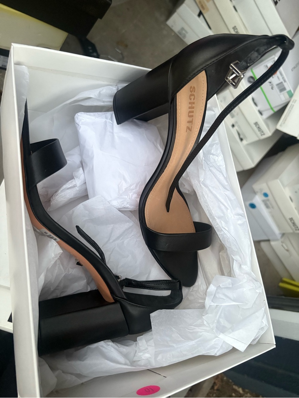 SCHUTZ Black Leather Block Heel Sandals with Ankle Strap